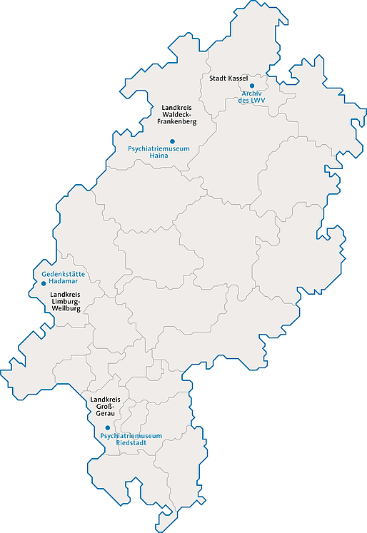 Karte des Landes Hessen mit den vier Archiv-Standorten